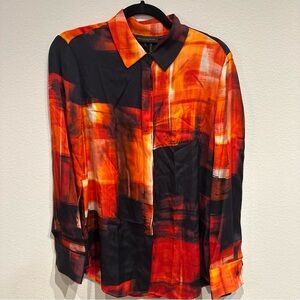 Donna Karan Women’s Orange Geometric Silk‎ Blouse Long Sleeve Size Small